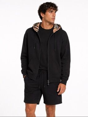 Burberry Black Zip-Up Hoodie with Signature Check Hood Lining